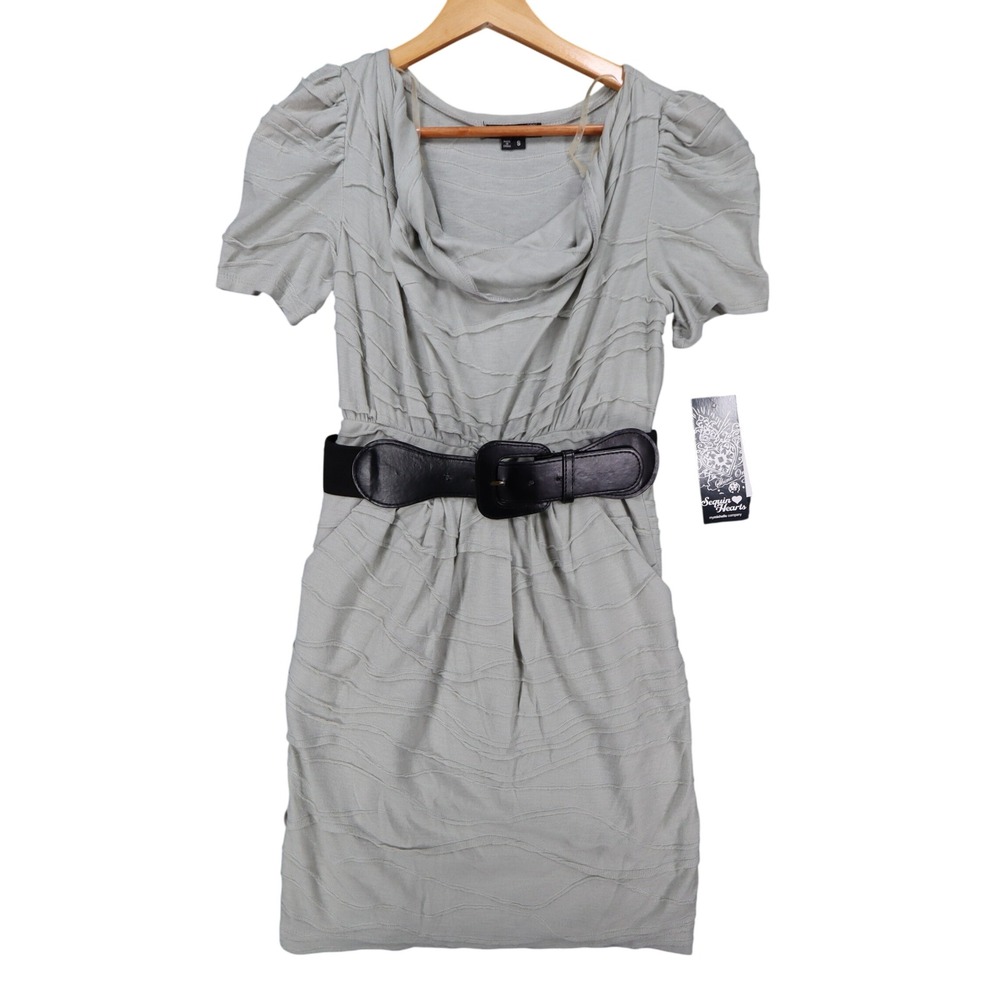 Sequin Hearts Gray Cowl Neck Puff Sleeve Belted Mini Dress Small Deadstock